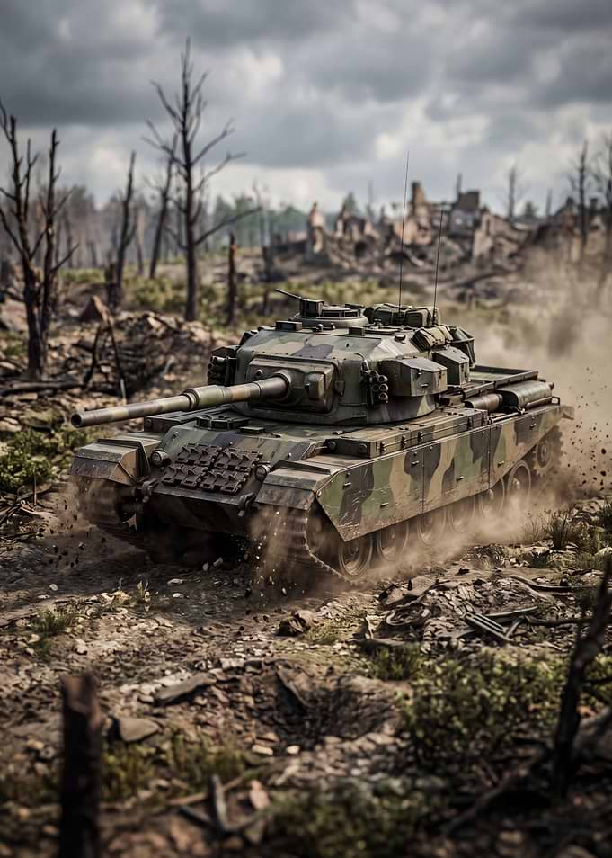 Centurion tank in a War-Torn Landscape