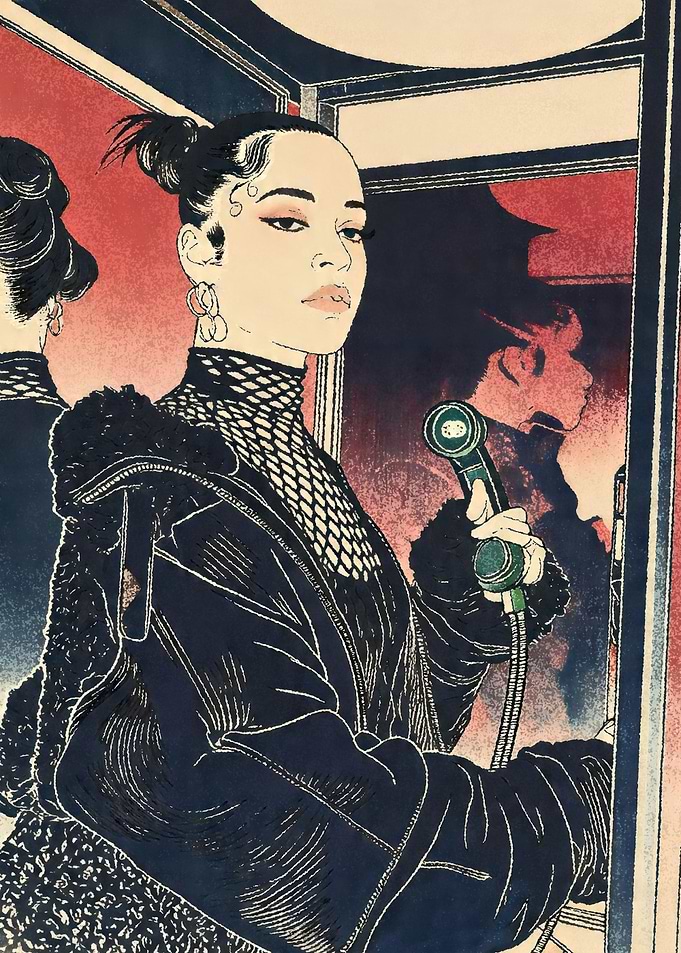 Woman in Phone Booth with Phone