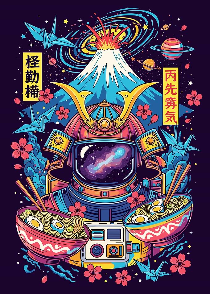 Astronaut Samurai with Ramen and Mount Fuji