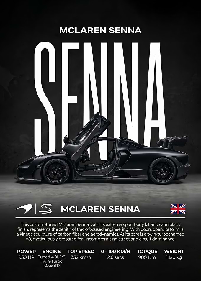 sleek side view black McLaren Senna Supercar Poster