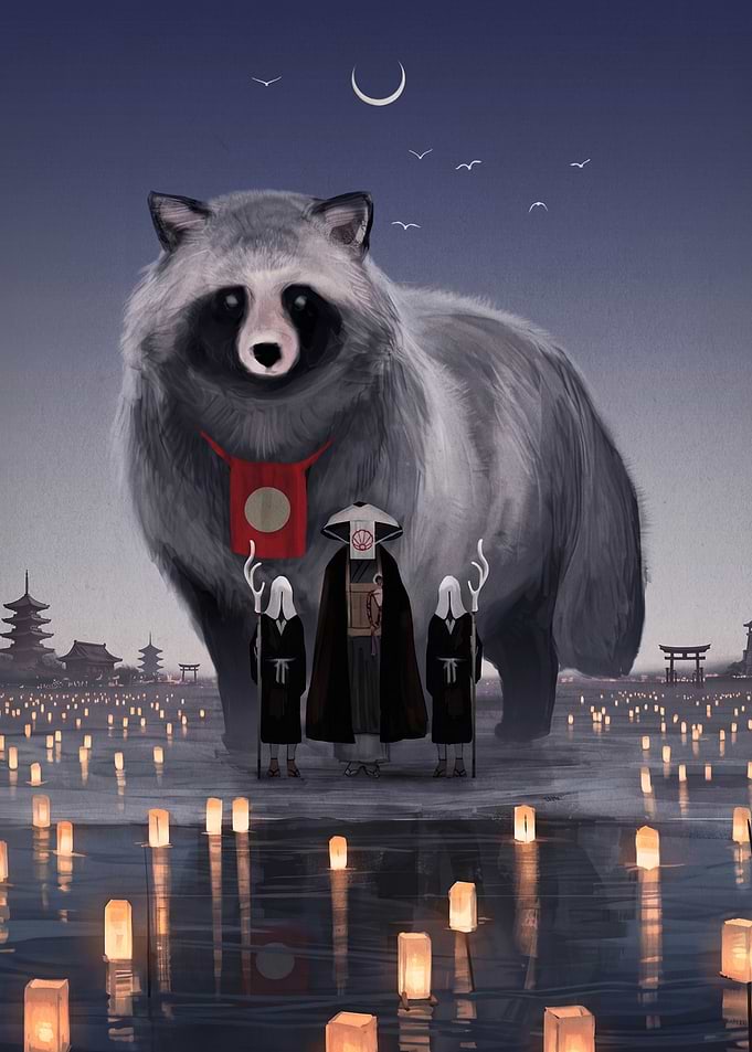 Giant Tanuki and Monks at Lantern Festival