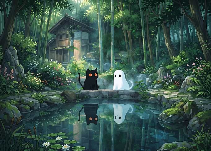 Black Cat and Ghost by Pond