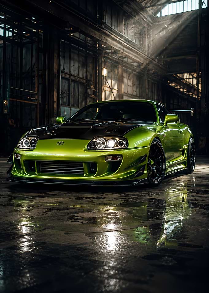 Lime Green Tuner Car in Warehouse