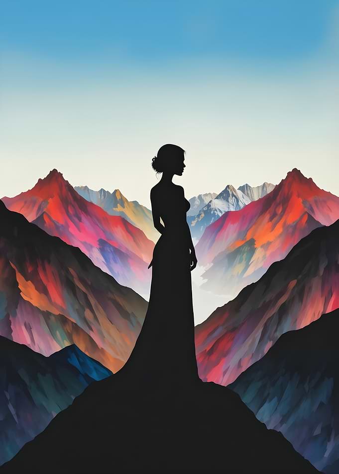 Silhouette of a woman in a dress overlooking mountains