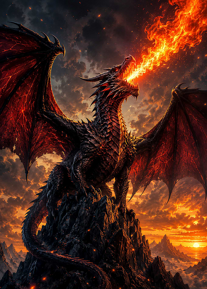 Dragon breathing fire on mountain