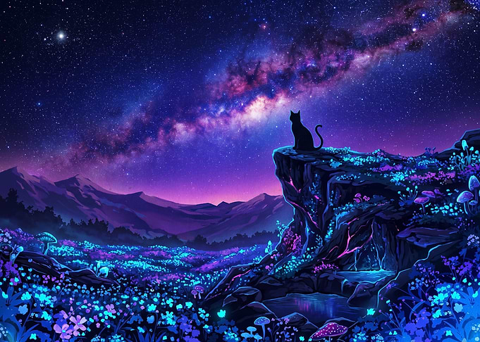 Cat on Cliff Under Milky Way