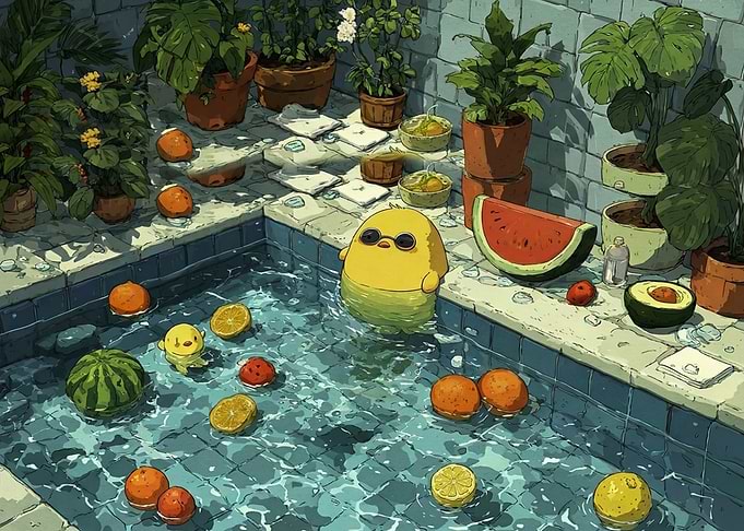 Cute Chick in Pool with Fruit