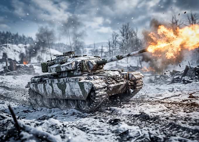 Centurion tank firing in a snowy battlefield
