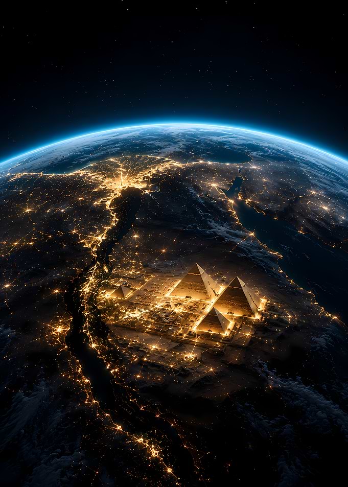 Earth at Night with Pyramids
