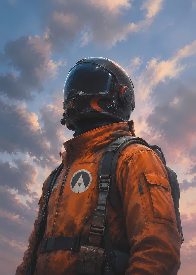 Astronaut in orange suit against sky