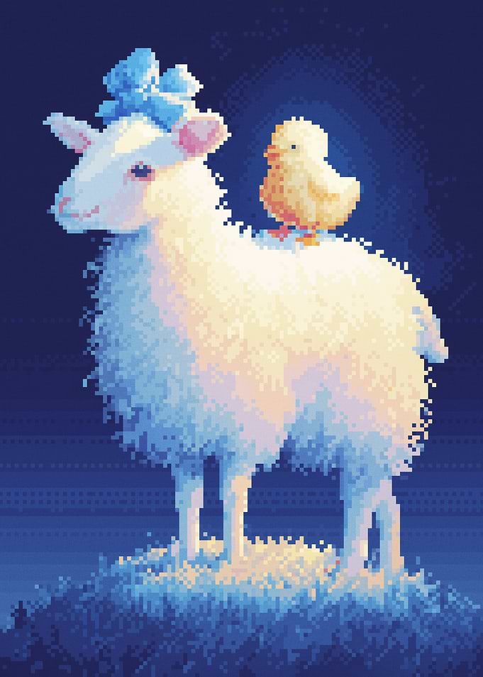 Cute Sheep and Chick in Pixel Art