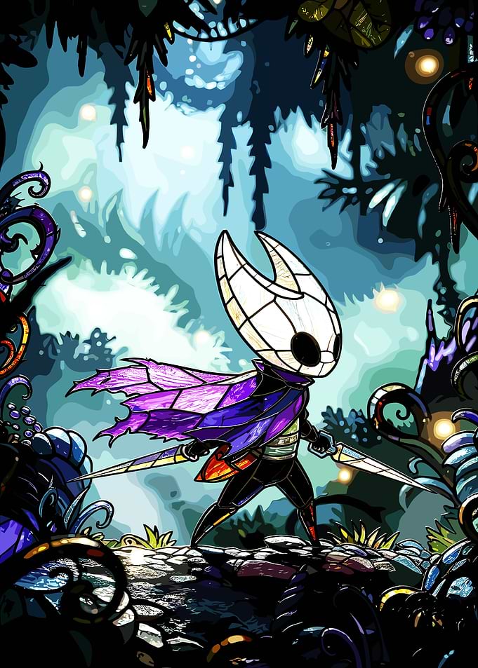 Hornet from Hollow Knight in a stained glass style