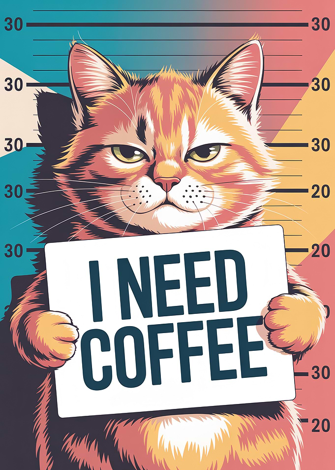 Cat and Sign 'I need coffee'