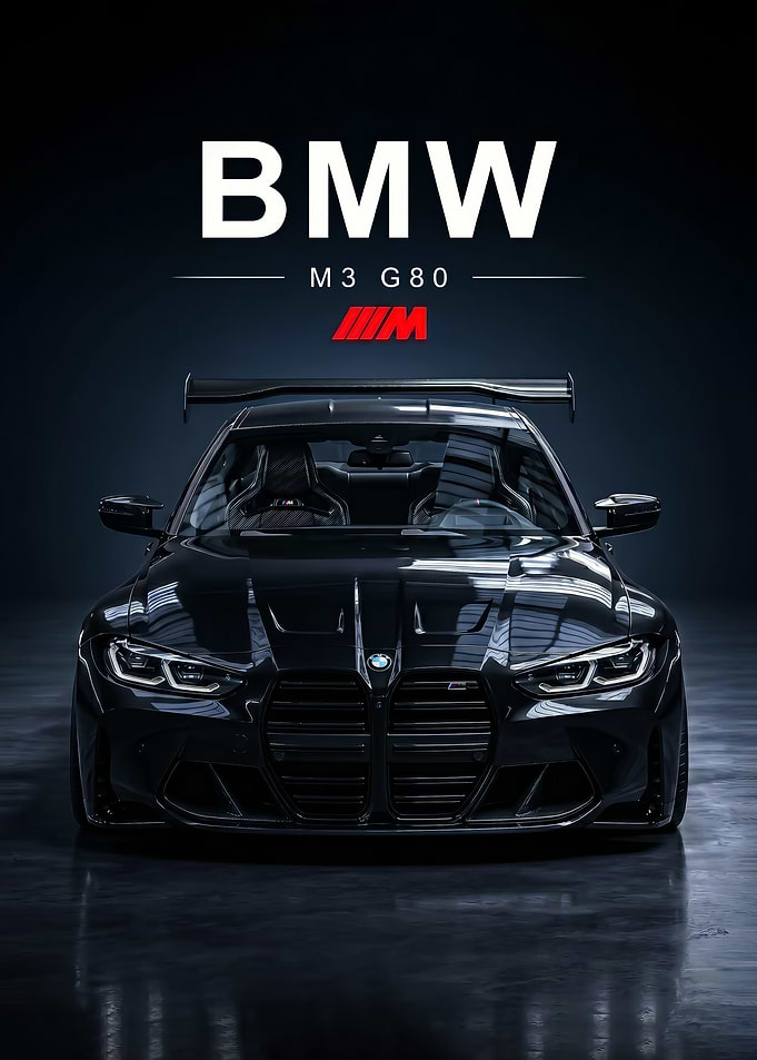 sleek black BMW M3 G80 Front View poster