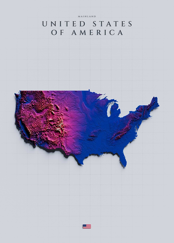 USA Mainland Topographic Map - Color Shaded Relief, 3D Elevation Poster