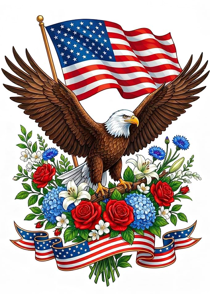 American Eagle with Flag and Flowers