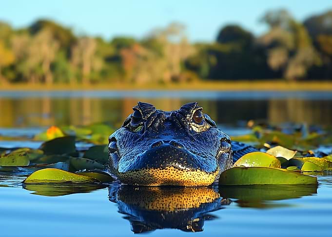 Alligator emerging from lily pads