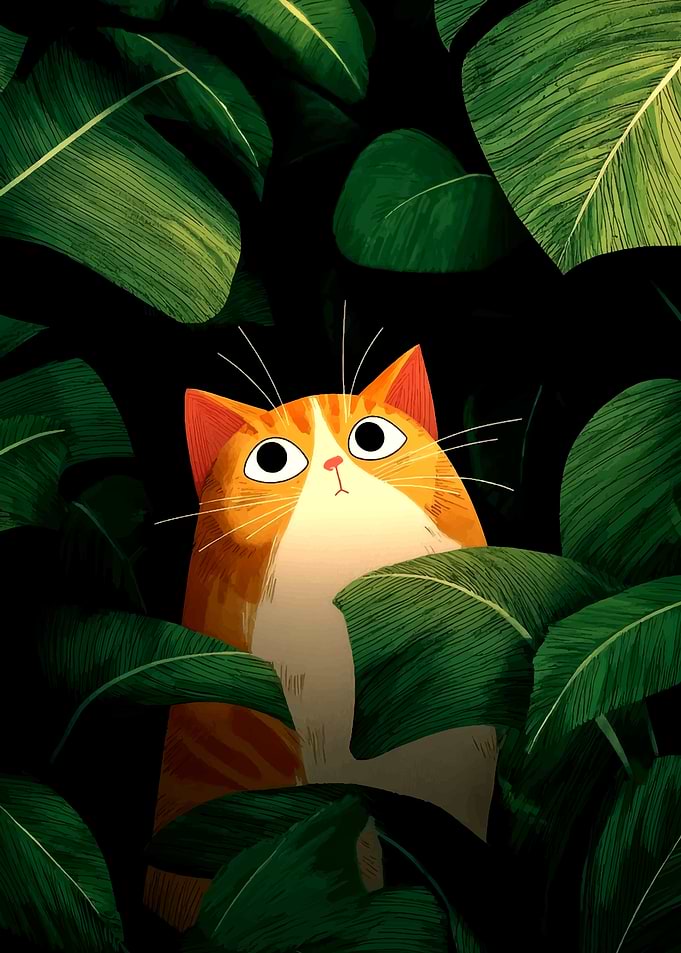 Orange Cat Peeking Through Green Leaves