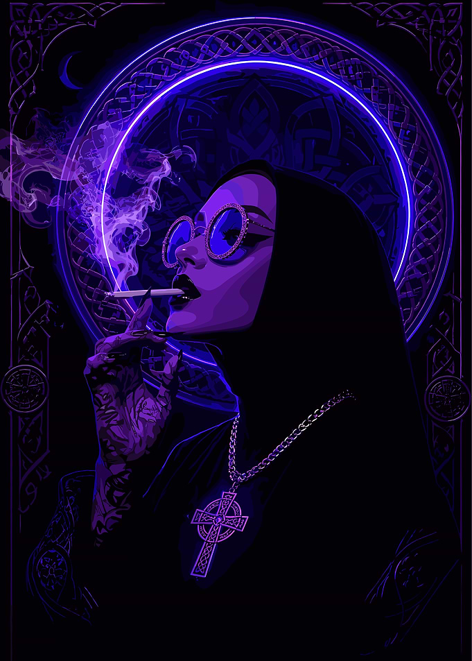Gothic Nun Smoking with Neon Halo