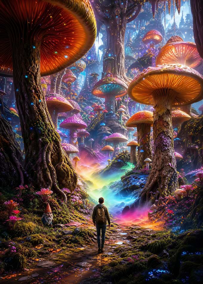 Man walks through a magical mushroom forest