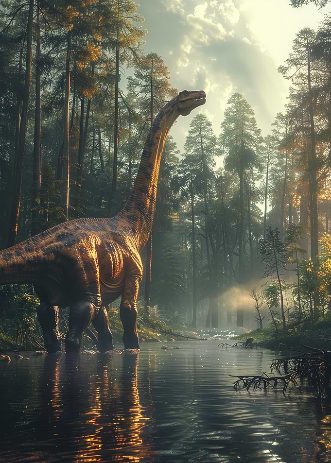 Brachiosaurus in a Misty Forest River