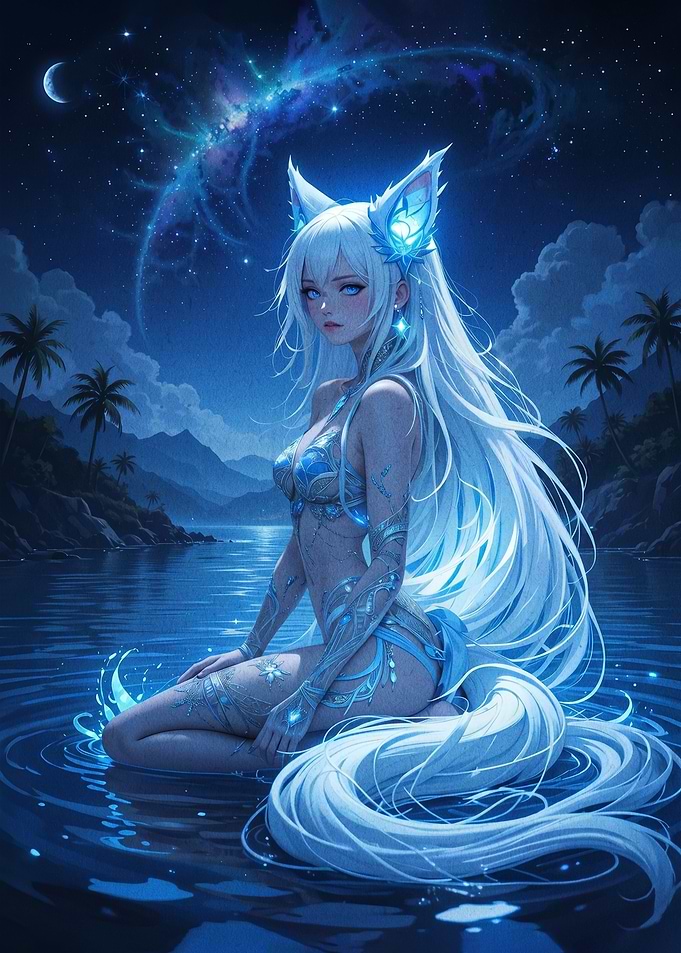 Anime Fox Girl in Cosmic Ocean