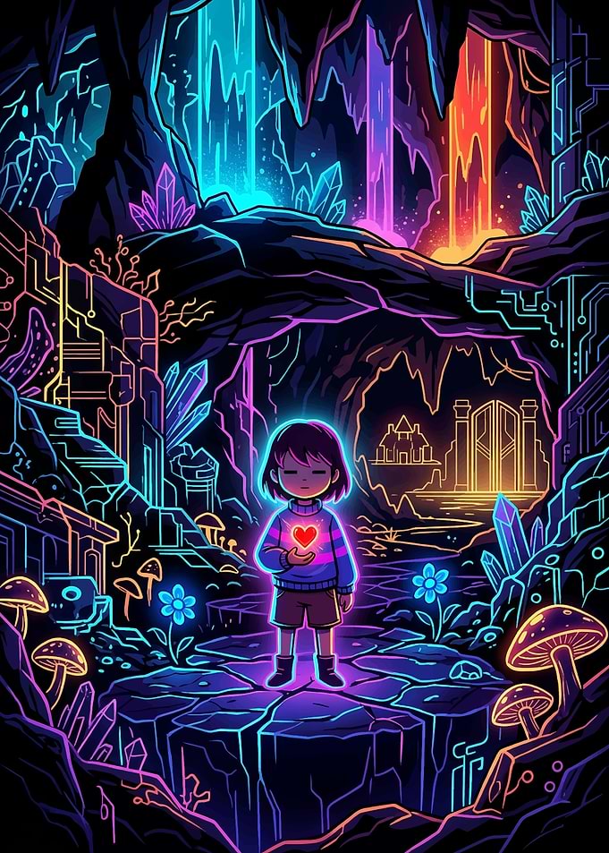 Frisk Holding a Heart in a Neon Cave