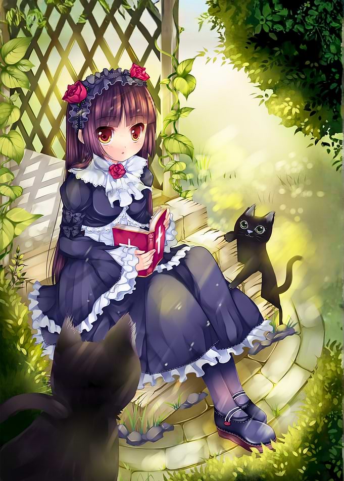 Gothic Lolita Girl Reading with Cats