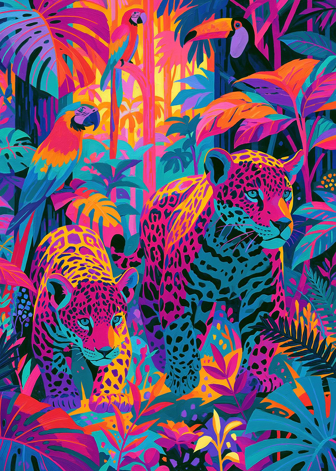 Vibrant Jungle with Jaguars and Parrots