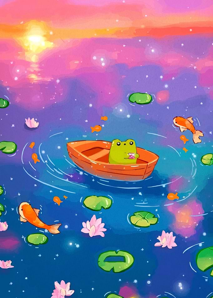 Frog in a boat with fish
