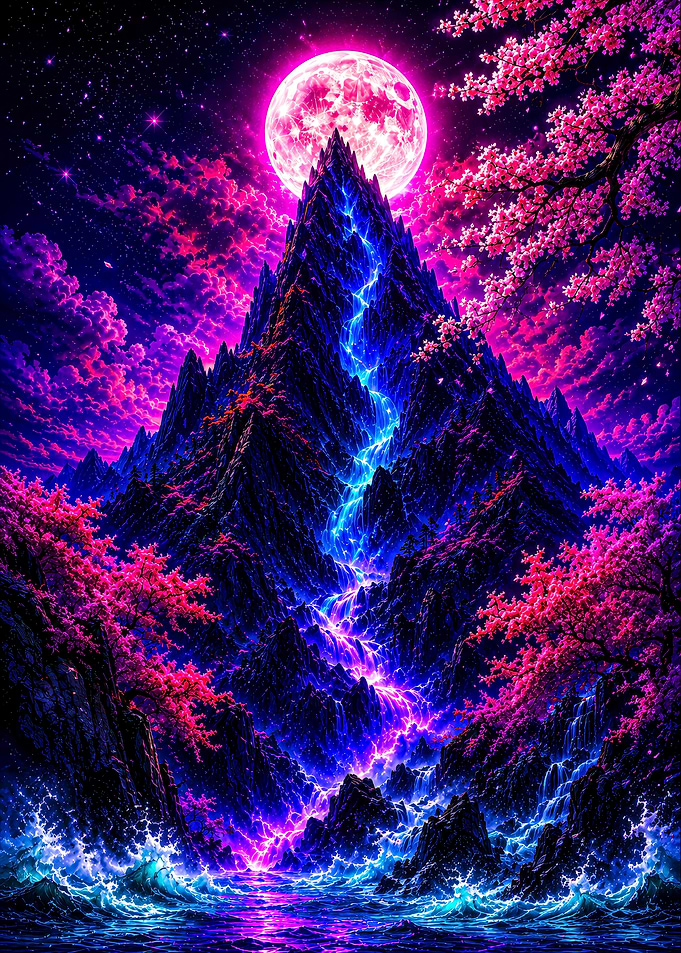 Surreal Mountain Landscape Under Pink Moon