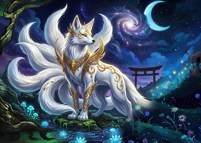 Mythical Fox Spirit Under a Cosmic Sky