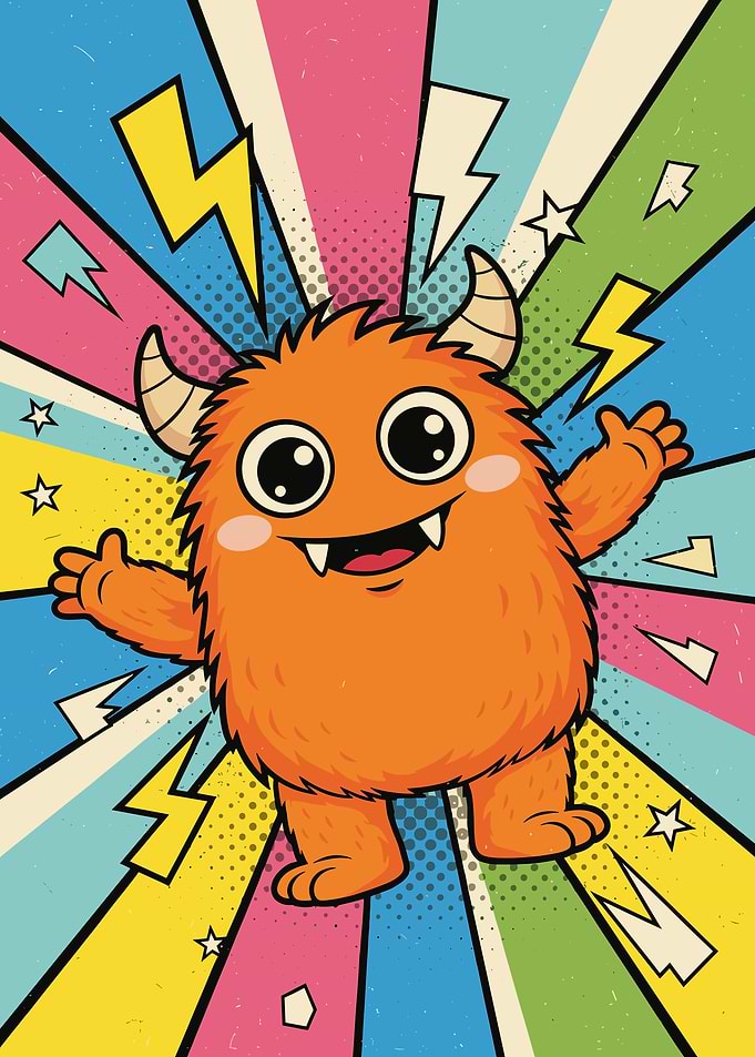 Cute Orange Monster with Lightning Background