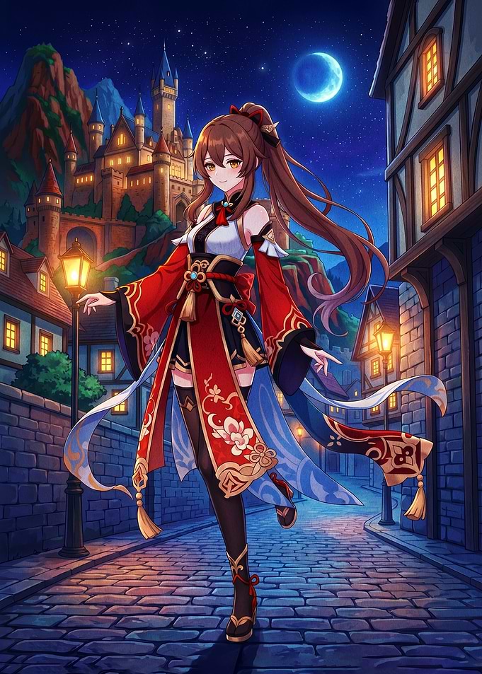Anime Girl in Red Kimono at Night