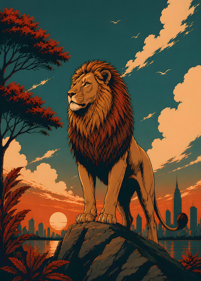 Lion on a rock overlooking a city
