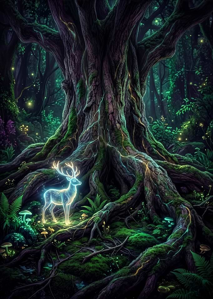 Mystical Ethereal Stag in Enchanted Forest – Magical Tree of Life