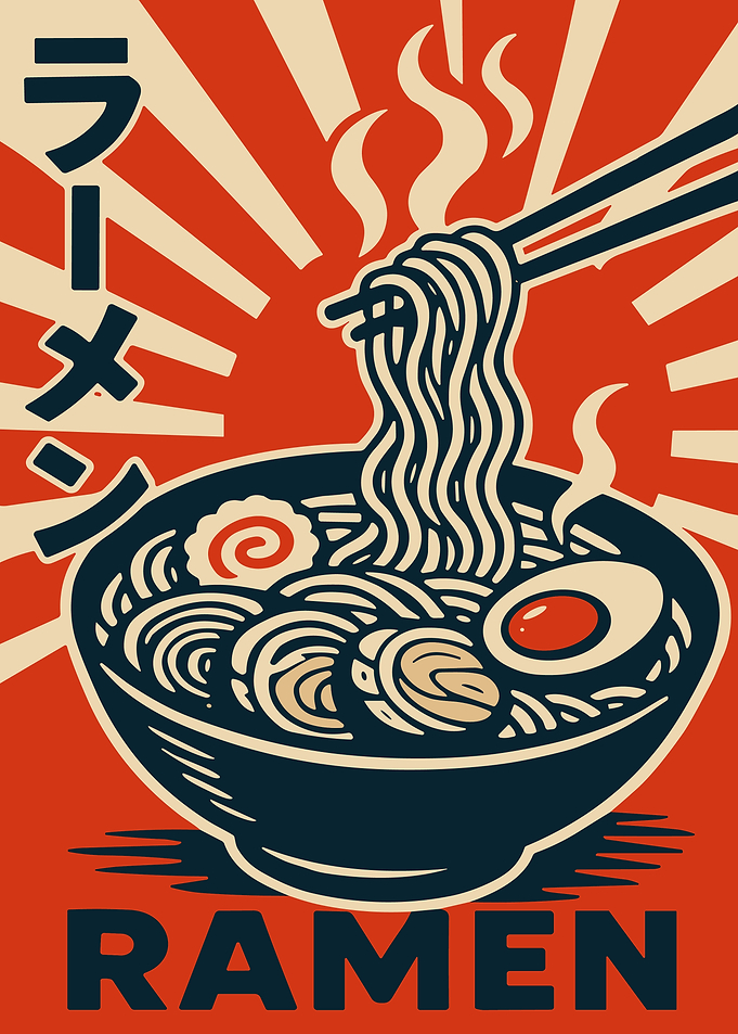 Vibrant Ramen Bowl Japanese Sunburst Food Illustration Wall Art Poster