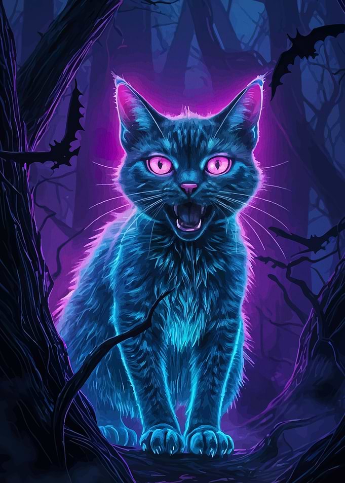 Neon Black Cat in Spooky Forest