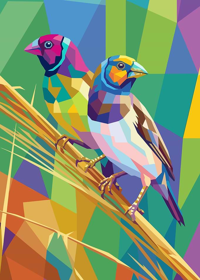 Colorful Geometric Birds on Branch