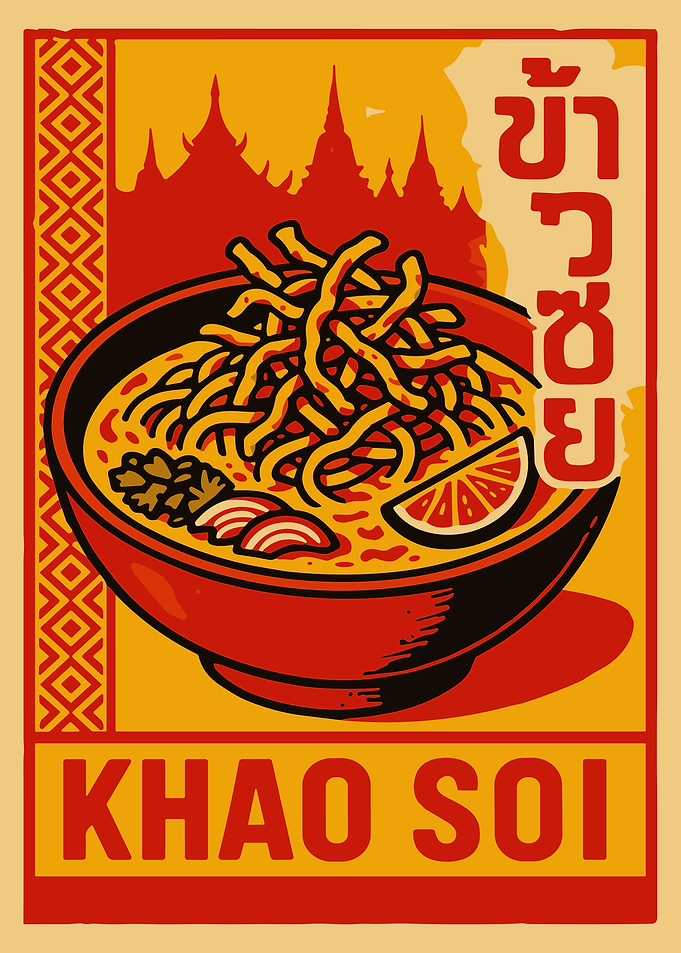 Retro Khao Soi Thai Food Poster Curry Noodles Vintage Travel Wall Art Print