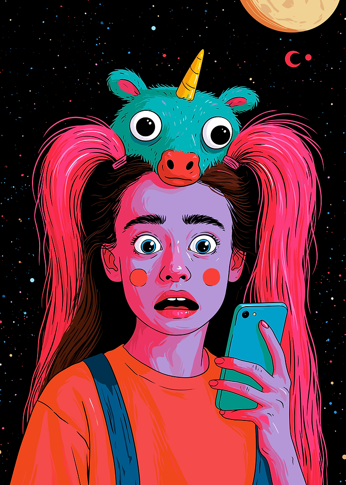 Surprised Girl with Unicorn Mask in Space