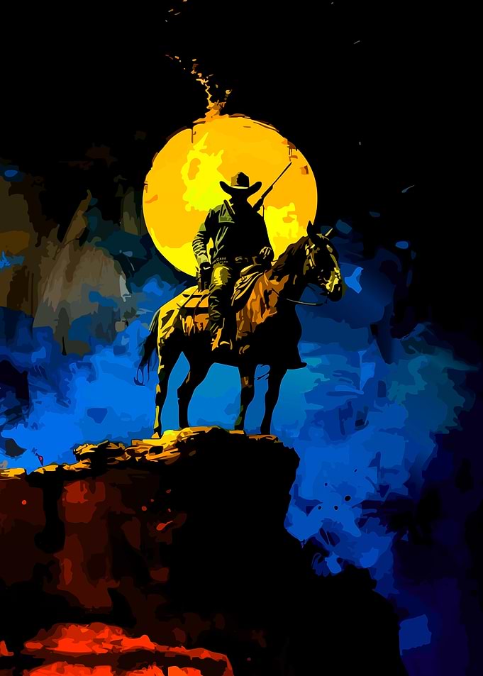 Cowboy on Horse Under Full Moon