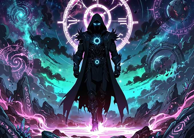 Mysterious hooded figure in cosmic realm