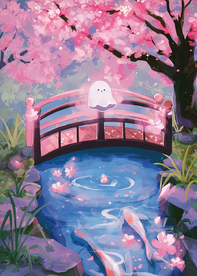 Cute Ghost Over Cherry Blossom Bridge