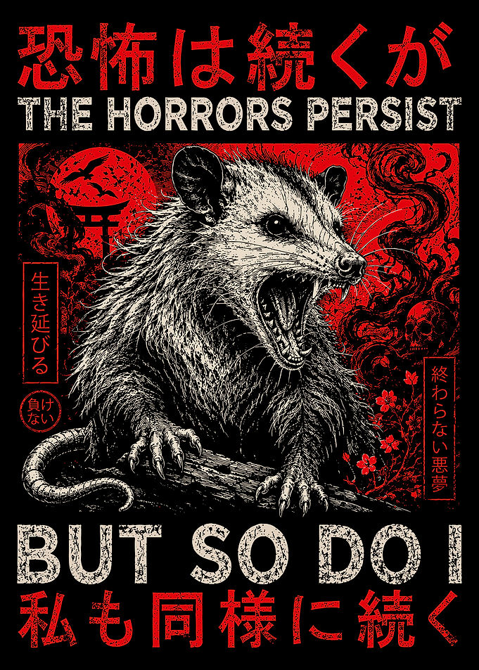 The Horrors Persist But So Do I – Gothic Opossum Japanese Poster