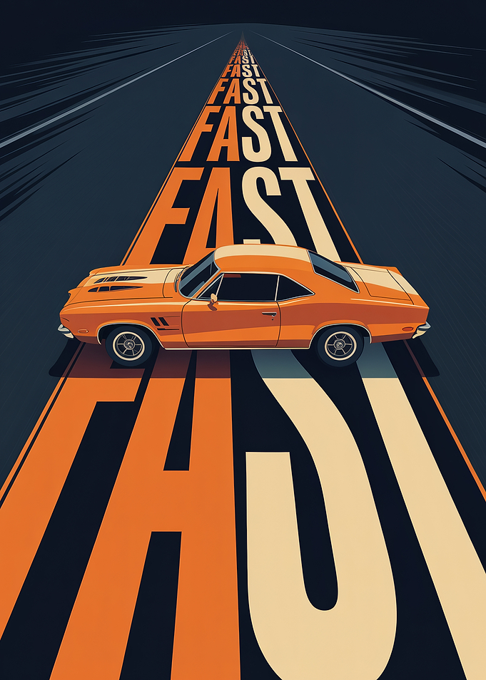 Retro Muscle Car on Fast Road