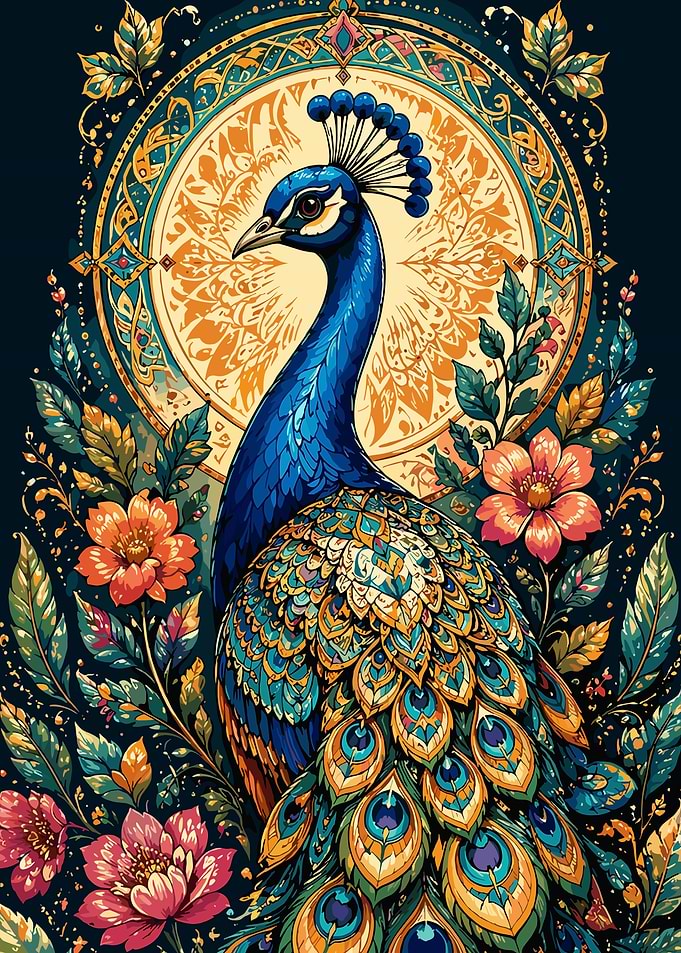 Vibrant Peacock with Floral Mandala