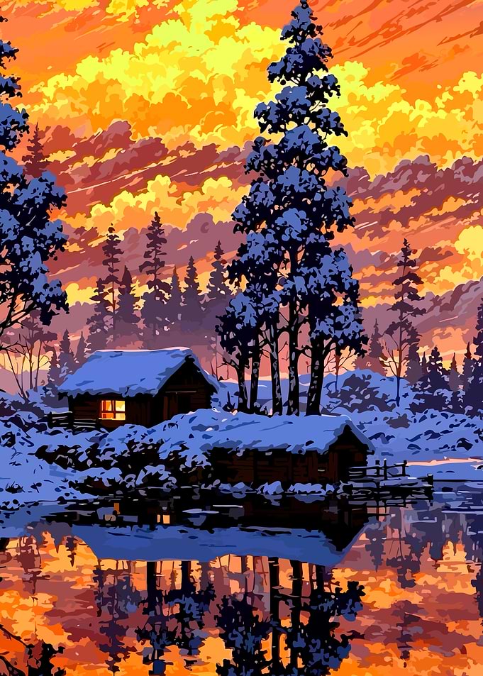Winter Cabin Sunset Reflection