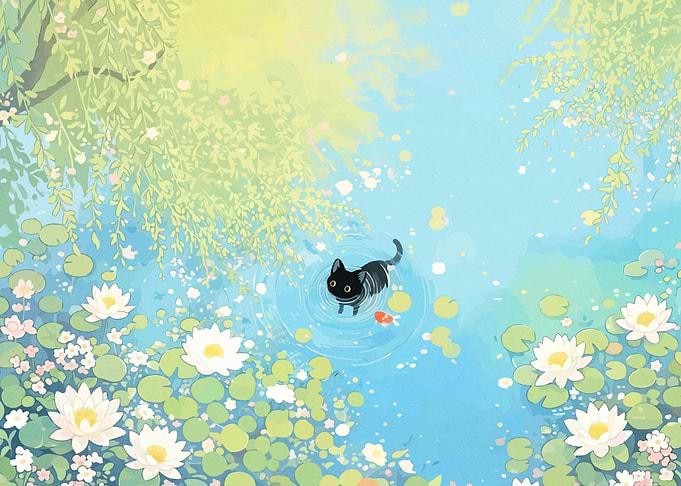Black Cat in a Pond with Water Lilies