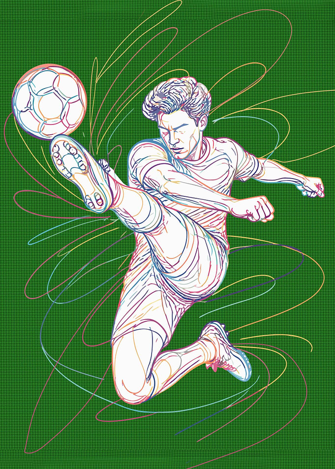 Soccer Player Kicking Ball with Colorful Line Art - Sketch Style